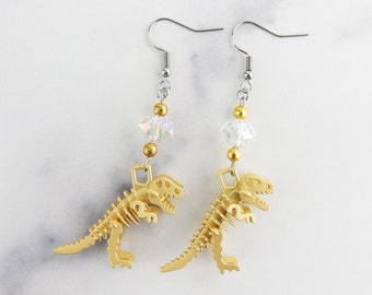 Gold & White Dinosaur Skeleton Dangle Earrings | Geek Earrings | Fun Aesthetic Earrings | Funky Weird Earrings | Science Teacher Gift