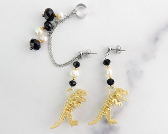 Gold & Black Dinosaur Skeleton Chained Ear Cuff | Geek Earrings | No Cartilage Piercing | Fun Aesthetic Ear Cuff | Funky Earrings