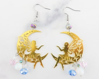 Gold Fairy & Moon Dangle Earrings | Funky Earrings | Weird Earrings | Fantasy Earrings