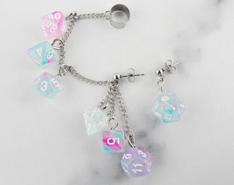 Wisteria Pink, Purple, & Blue Polyhedral D20 Mini Dice Ear Cuff Chain | Geek Aesthetic Earrings | DnD Jewelry | Ear Climber | Weird Earrings