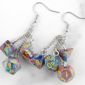 Mosaic Festive Rainbow Dice Set | Mismatched Earrings | D20 | Geek Aesthetic Earrings | DnD Jewelry | Polyhedral Dice | Weird Earrings