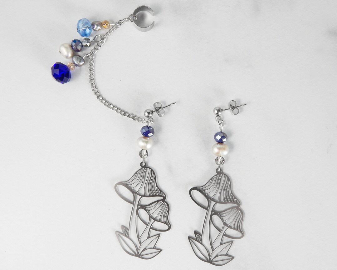 Blue Mushroom Chained Ear Cuff Botanical Cottagecore Etsy