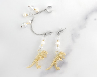 Gold & White Dinosaur Skeleton Chained Ear Cuff | Geek Earrings | No Cartilage Piercing | Fun Aesthetic Ear Cuff | Funky Earrings
