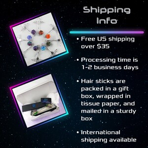 May include: The image showcases hair sticks and dice sets. One section displays hair sticks with colorful dice. Another shows a gift box with a hair stick, tissue paper, and a business card. The text reads "Shipping Info".