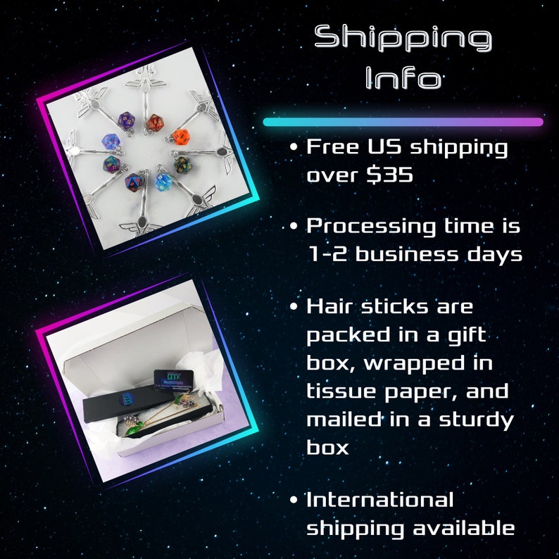 May include: The image showcases hair sticks and dice sets. One section displays hair sticks with colorful dice. Another shows a gift box with a hair stick, tissue paper, and a business card. The text reads "Shipping Info".