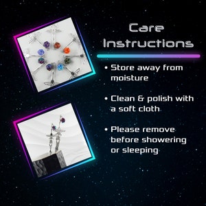 May include: Two sets of silver metal sword hair sticks with iridescent dice. The dice holders are shaped like dragons with wings and tails. The dice holders are displayed on a white background. The text 'Care Instructions' is displayed in a black box with a neon pink and blue border. The text below the title reads: 'Store away from moisture', 'Clean & polish with a soft cloth', and 'Please remove before showering or sleeping'.