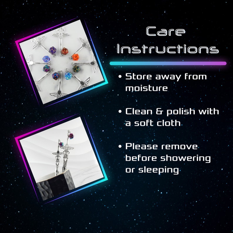 May include: Two sets of silver metal sword hair sticks with iridescent dice. The dice holders are shaped like dragons with wings and tails. The dice holders are displayed on a white background. The text 'Care Instructions' is displayed in a black box with a neon pink and blue border. The text below the title reads: 'Store away from moisture', 'Clean & polish with a soft cloth', and 'Please remove before showering or sleeping'.
