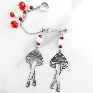Red Mushroom Girl Chained Ear Cuff | Toadstools | Botanical | Cottagecore | Geek Earrings | Fun Aesthetic Earrings | Funky Weird Earrings