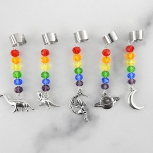Rainbow Pride Beaded Ear Cuffs, LGBTQ Pride Month, Dinosaur Earrings, Fairy Ear Cuff, Celestial Earrings, Moon, Planet