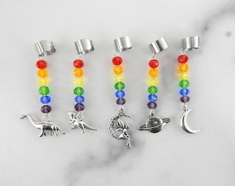 Rainbow Pride Beaded Ear Cuffs, LGBTQ Pride Month, Dinosaur Earrings, Fairy Ear Cuff, Celestial Earrings, Moon, Planet