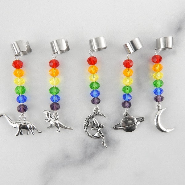 Rainbow Pride Beaded Ear Cuffs, LGBTQ Pride Month, Dinosaur Earrings, Fairy Ear Cuff, Celestial Earrings, Moon, Planet