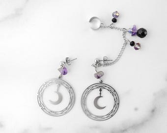 Amethyst & Black Moon Chained Cuff Earrings | Geek Earrings | Fun Aesthetic Earrings | Funky Weird Earrings | Celestial Ear Cuff