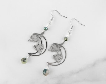 Botanical Leaf Moon Dangle Earrings | Geek Earrings | Fun Aesthetic Earrings | Funky Weird Earrings | Celestial Jewelry
