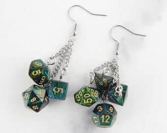 Dark Green Jade Dice Set | Mismatched Earrings | D20 | Geek Aesthetic Earrings | DnD Jewelry | Polyhedral Dice | Weird Earrings