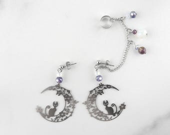 Cat & Moon Chained Cuff Earrings | Geek Earrings | Fun Aesthetic Earrings | Funky Weird Earrings | Celestial Ear Cuff