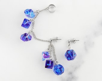 Nebula Celestial Polyhedral D20 Mini Dice Ear Cuff Chain | Geek Aesthetic Earrings | DnD Jewelry | Ear Climber | Weird Earrings