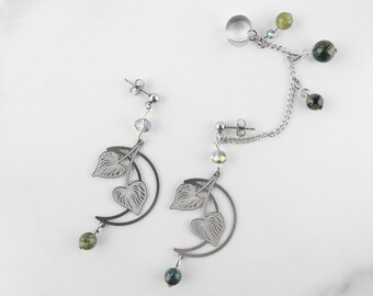 Botanical Leaf & Moon Chained Cuff Earrings | Geek Earrings | Fun Aesthetic Earrings | Funky Weird Earrings | Celestial Ear Cuff