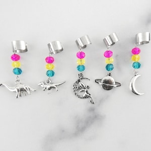Pansexual Pride Beaded Ear Cuffs, Pan LGBTQ Pride Month, Dinosaur Earrings, Fairy Ear Cuff, Celestial Earrings, Moon, Planet