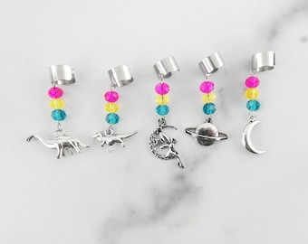 Pansexual Pride Beaded Ear Cuffs, Pan LGBTQ Pride Month, Dinosaur Earrings, Fairy Ear Cuff, Celestial Earrings, Moon, Planet