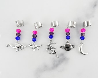 Bisexual Pride Beaded Ear Cuffs, Bi LGBTQ Pride, Dinosaur Earrings, Celestial Ear Cuffs, Fairy Ear Cuffs