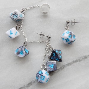 Blue Marble Polyhedral D20 Mini Dice Ear Cuff Chain | Geek Aesthetic Earrings | DnD Jewelry | Ear Climber | Weird Earrings | Funky Earrings