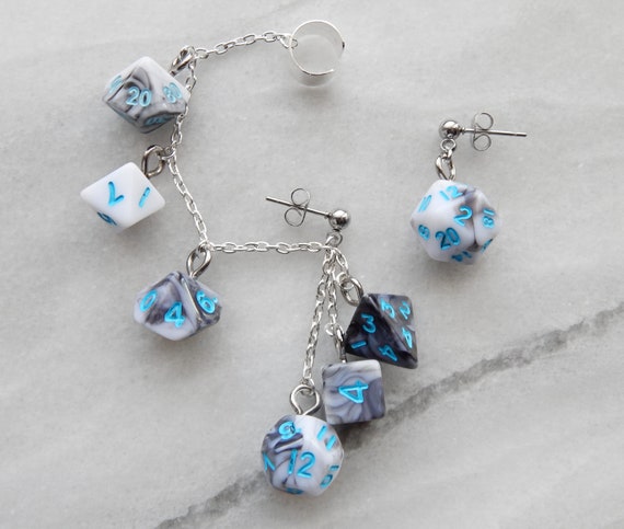Blue Marble Polyhedral D20 Mini Dice Ear Cuff Chain | Geek Aesthetic Earrings | DnD Jewelry | Ear Climber | Weird Earrings | Funky Earrings