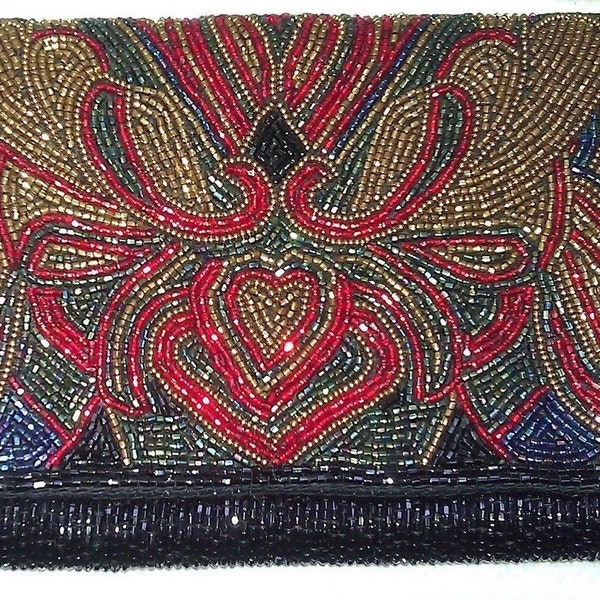 Vintage Marshall Fields Black Beaded Clutch Purse Shoulder Cross Body Evening 040