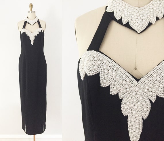 80s Black High Neck Pearl Beaded Long Gown