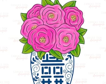TEMPLATE: Chinoiserie Jar Flowers - Door Hanger Template | DIY Door Hanger - Hand Drawn