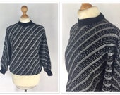 Vintage 80s Black Retro Sweater, Batwing Sweater, Retro Jumper, holiday Sweater, Hipster Sweater Ladies Pullover, Xmas Jumper, Size 10 12 UK