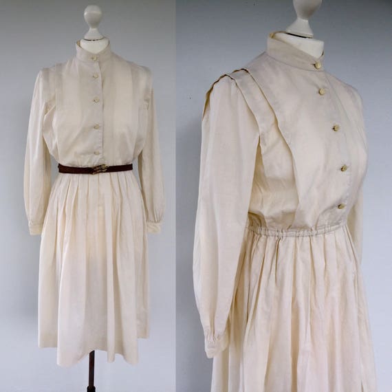 Vintage 80s Cream Dress Grandad Collar Dress Boho Dress | Etsy