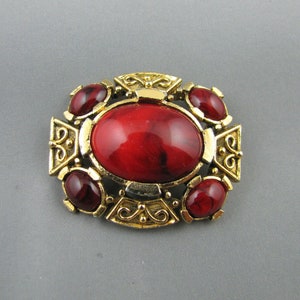 Vintage DORENE Red Cabochon Center BROOCH Costume Jewelery Designer Signed Brooch