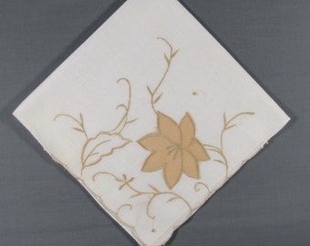 Appliqued Flower & Embroidered Leaves in Pale Tan VINTAGE 16" Ladies Hankie Handkerchief