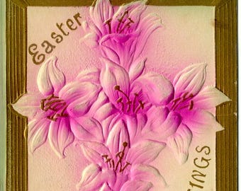 Lys de Pâques roses et bordures dorées VOEUX DE PÂQUES CARTE POSTALE 1914 en relief Carte postale ancienne