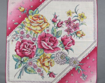 Pink and Yellow ROSE Bouquet Pink Shaded Corners on Cotton Vintage Handkerchief Hankie