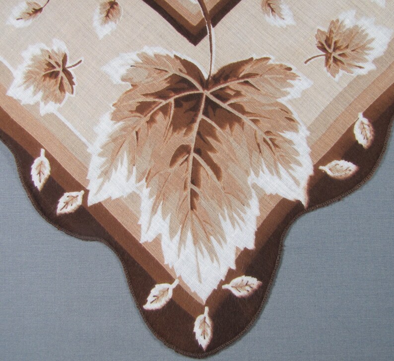 Autumn Brown Leaves on Large VINTAGE Scalloped Hem Cotton Hankie Handkerchief