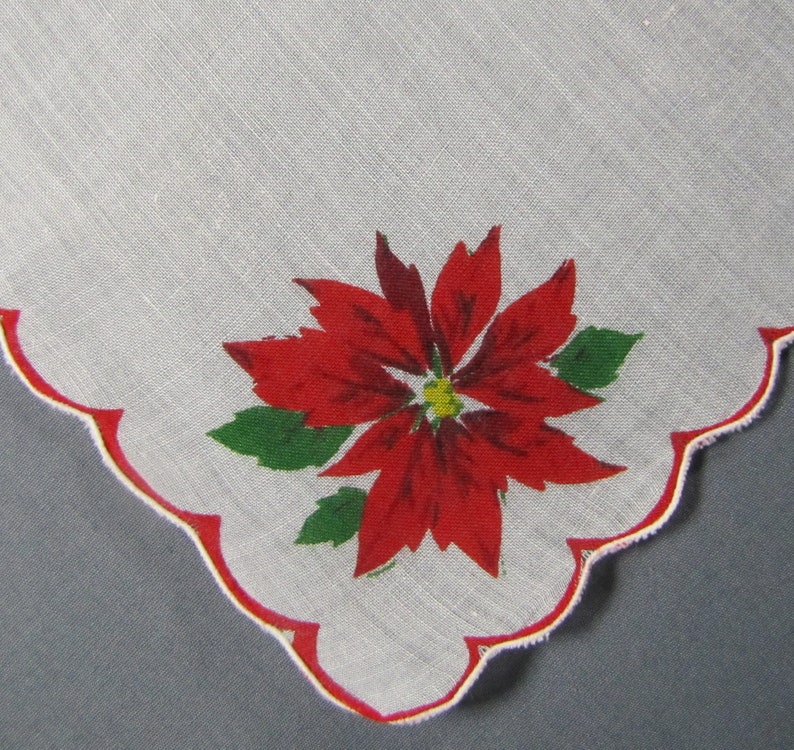 Large Red Poinsettia In Corner and Scattered Red Poinsettias on White Cotton Vintage CHRISTMAS Hankie Handkerchief