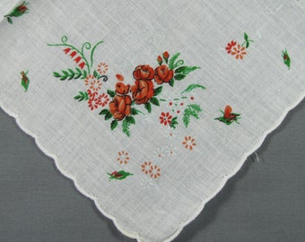 Bronze or ORANGE ROSES & Tiny Orange daisies on White Scalloped Hem Vintage Handkerchief Hankie