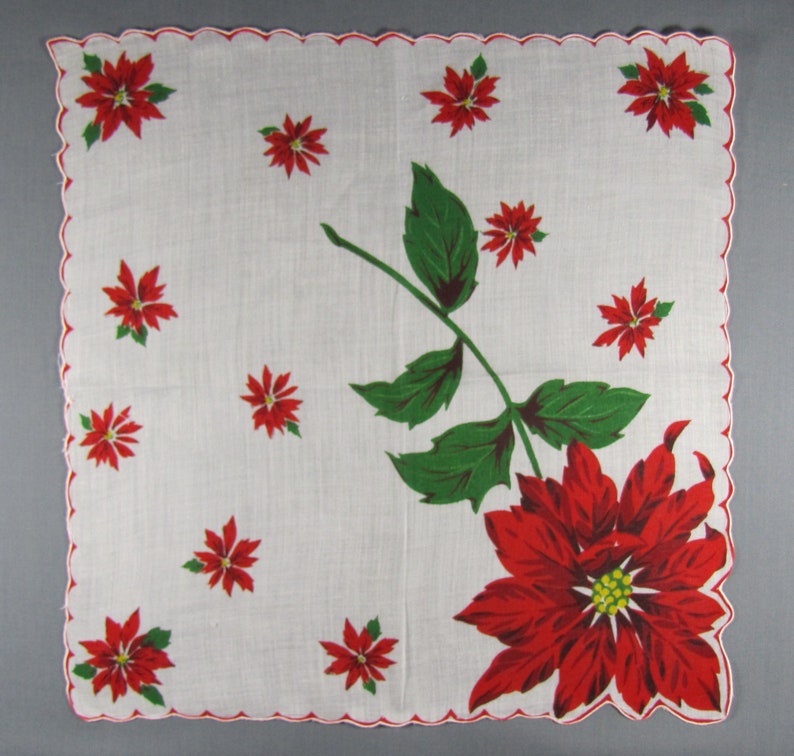 Large Red Poinsettia In Corner and Scattered Red Poinsettias on White Cotton Vintage CHRISTMAS Hankie Handkerchief