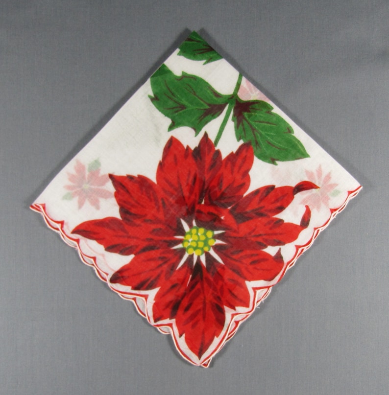 Large Red Poinsettia In Corner and Scattered Red Poinsettias on White Cotton Vintage CHRISTMAS Hankie Handkerchief