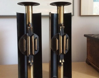 Brutalist Metal Art Candle Holders (pair), 13” Tall (330mm), 1960’s Vintage