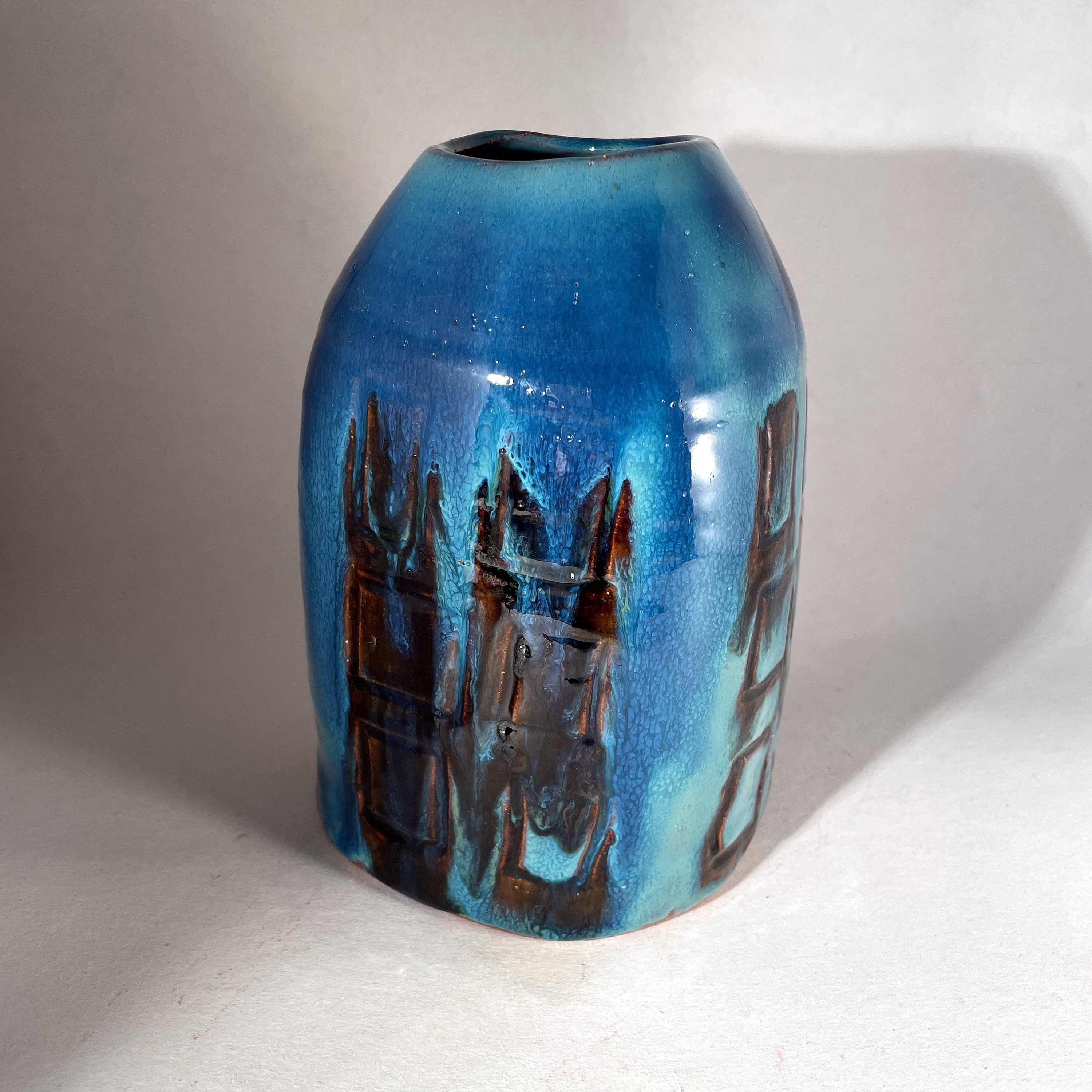 Denmark Brutalist Turquoise Vase, Mid-Century Pottery, Signed, 1970’s Vintage