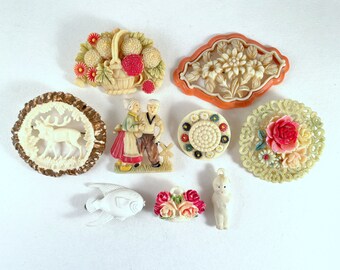 Celluloid Brooch & Jewelry Collection, 9 Pieces, 1940’s Vintage