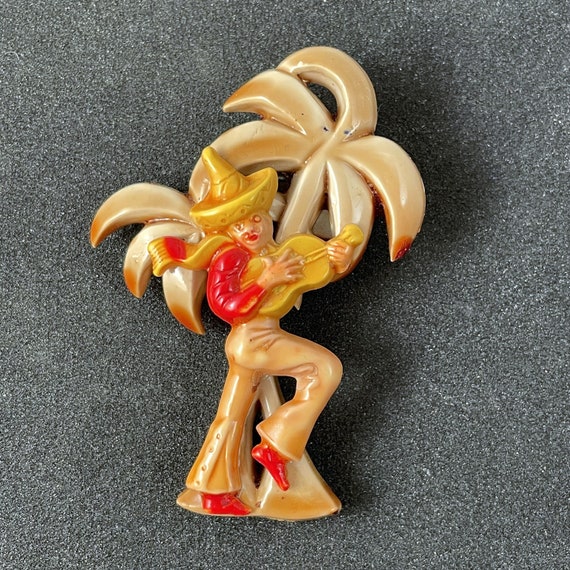Celluloid Palm Tree & Mexican Cowboy Brooch, 1940… - image 4