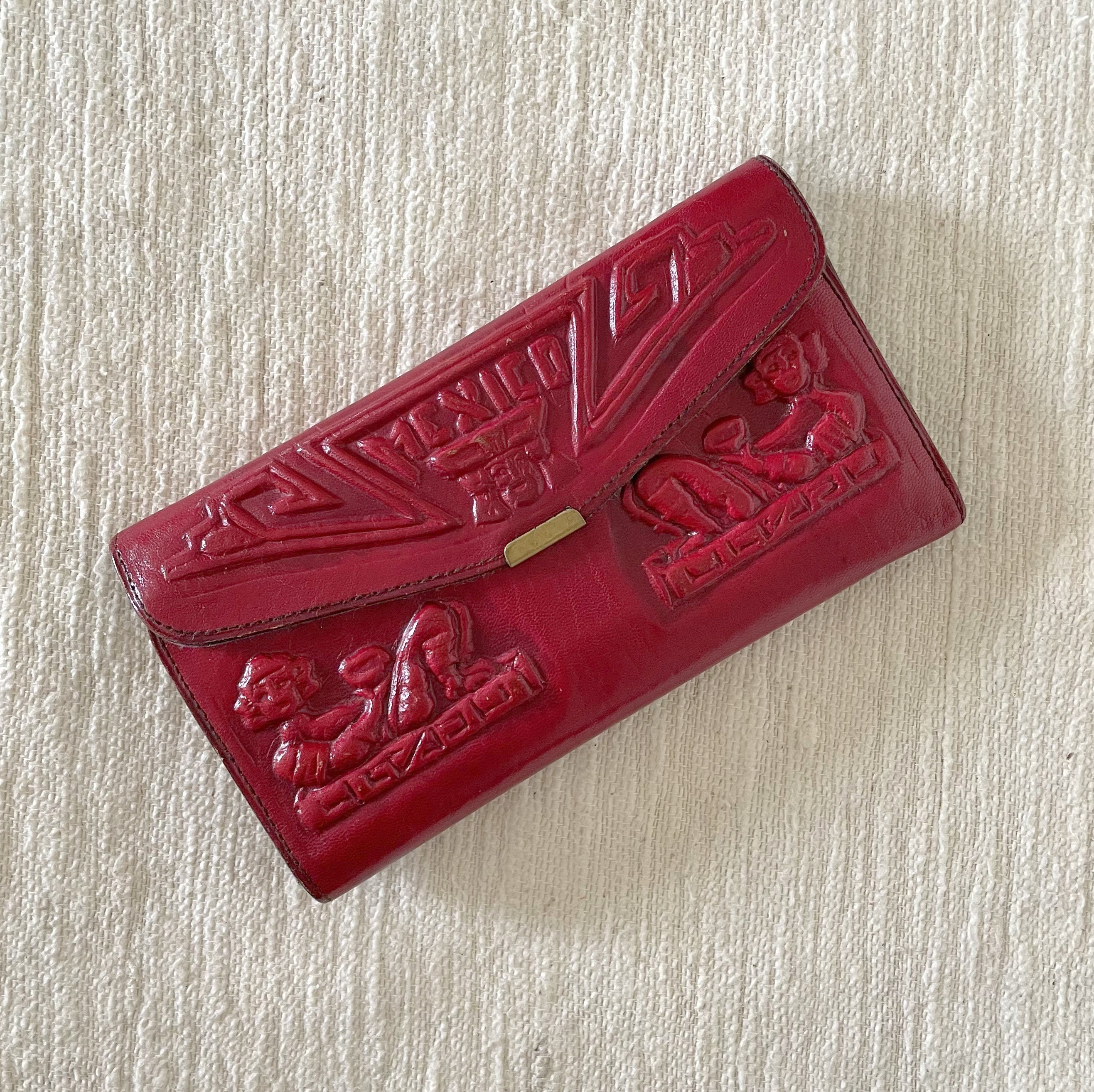 Vintage 1950's Red Tooled Leather Bi Fold Wallet Tooled 