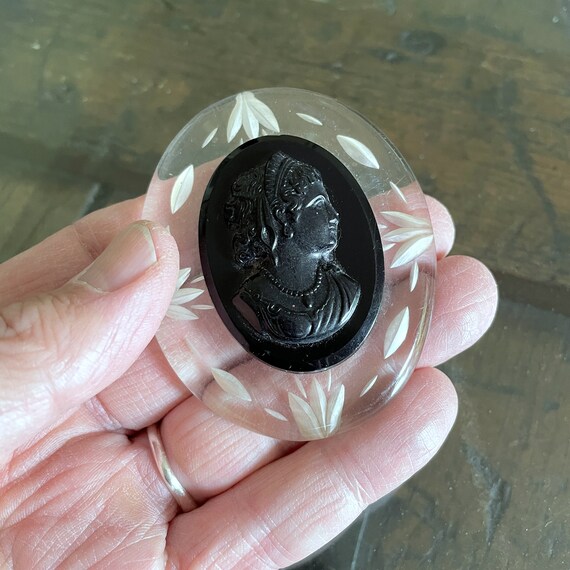 Massive Reverse Carved Lucite Cameo Brooch, Black… - image 9