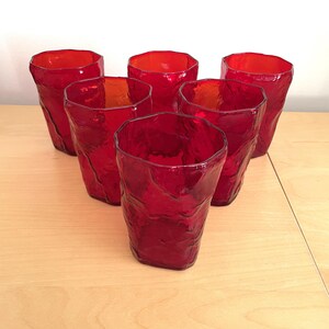 Morgantown Ruby Red Highball Glasses (set of 6), Seneca Driftwood Crinkle Glass, 4” Tall, 1960’s Vintage