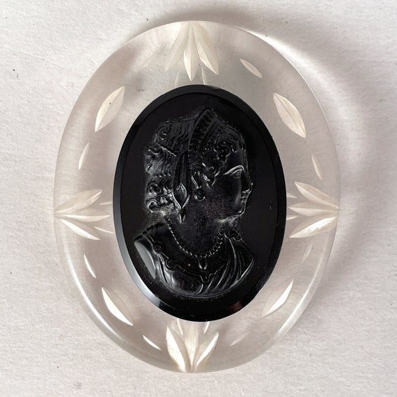 Massive Reverse Carved Lucite Cameo Brooch, Black… - image 8
