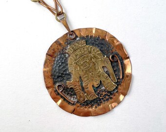 Mayan God Pendant Necklace, Hand-Hammered Copper, Mexico, 1960’s Vintage