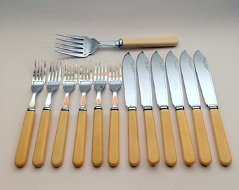 Antique Fish Knife Cutlery Set, 13pcs., Celluloid Handle, England